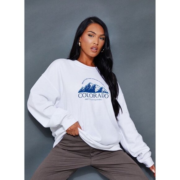 Cozy Oversized Colorado Graphic Sweatshirt White XS PrettyLittleThing NWT - Picture 1 of 9
